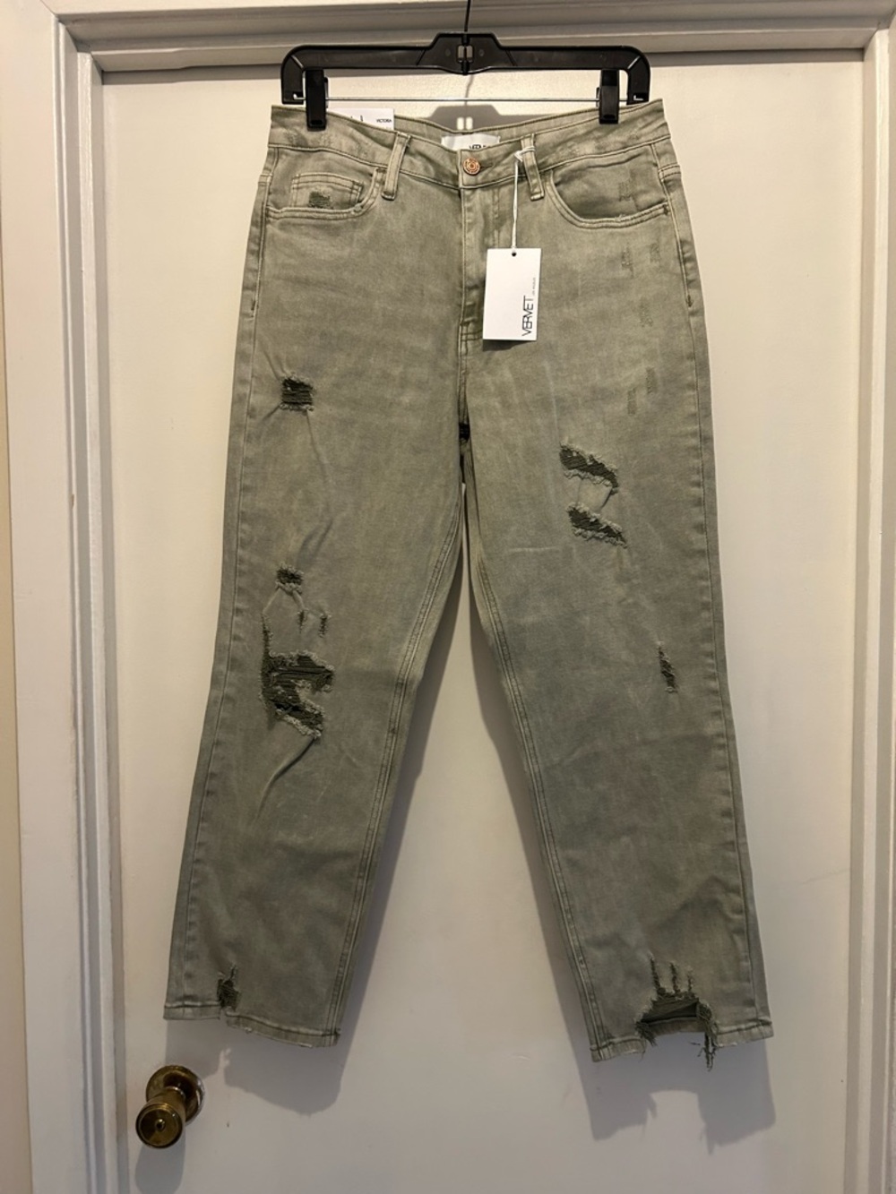 Distressed Straight Leg Women's Jeans in Olive Green